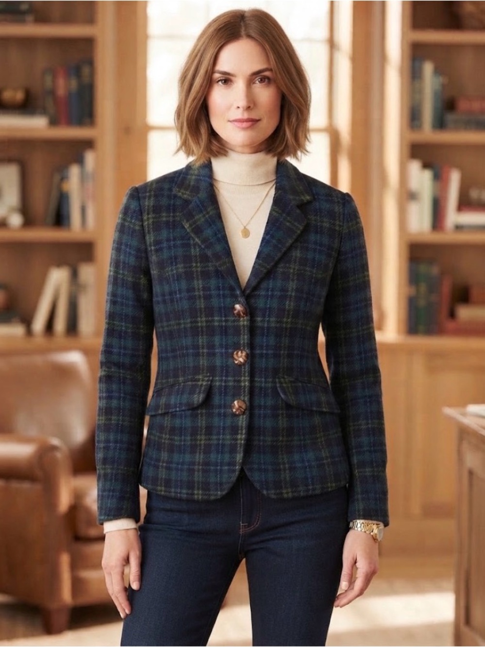 L.L.Bean Women’s Plaid Wool Blend Blazer– Navy Teal Green – Peplum Back | Size 8